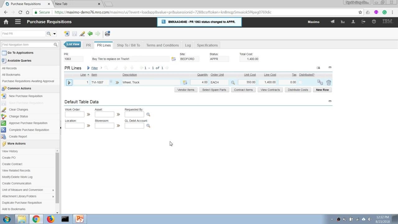 Purchase Requisitions screen showing PR 1063 with status APPR and confirmation message.