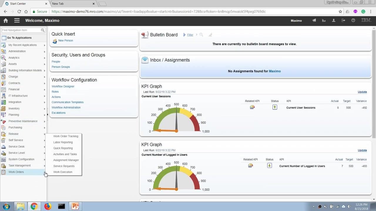The Maximo Start Center dashboard is displayed. The left navigation menu is open, with the cursor hovering over Work Orders and a dropdown showing options like Work Order Tracking, Labor Reporting, and Quick Reporting. The main dashboard shows KPI graphs, workflow configuration, and security/user options.