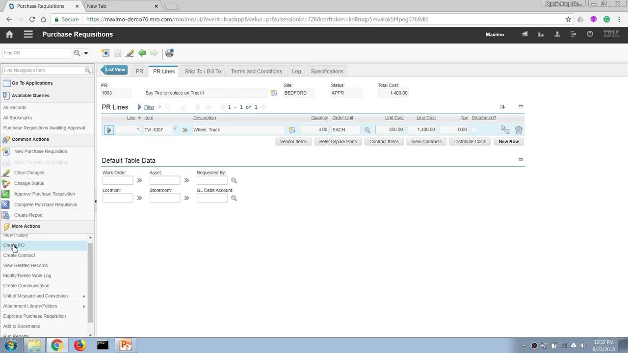 Purchase Requisitions screen with More Actions menu open and Create PO highlighted.