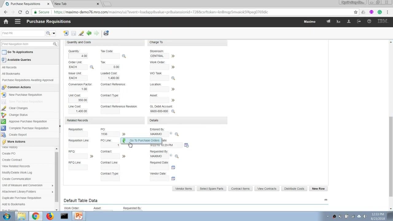 Related Records section showing PO 1138 and Go To Purchase Orders option.