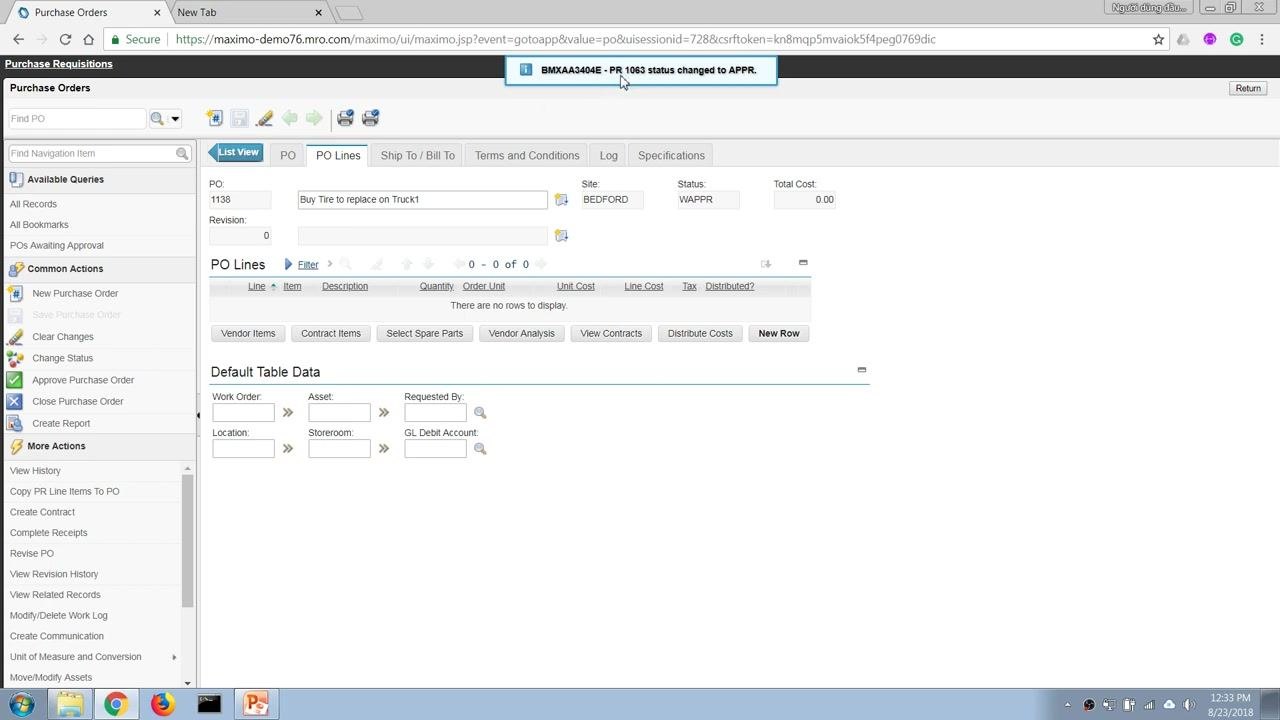 Purchase Orders screen with notification that PR 1063 status changed to APPR.