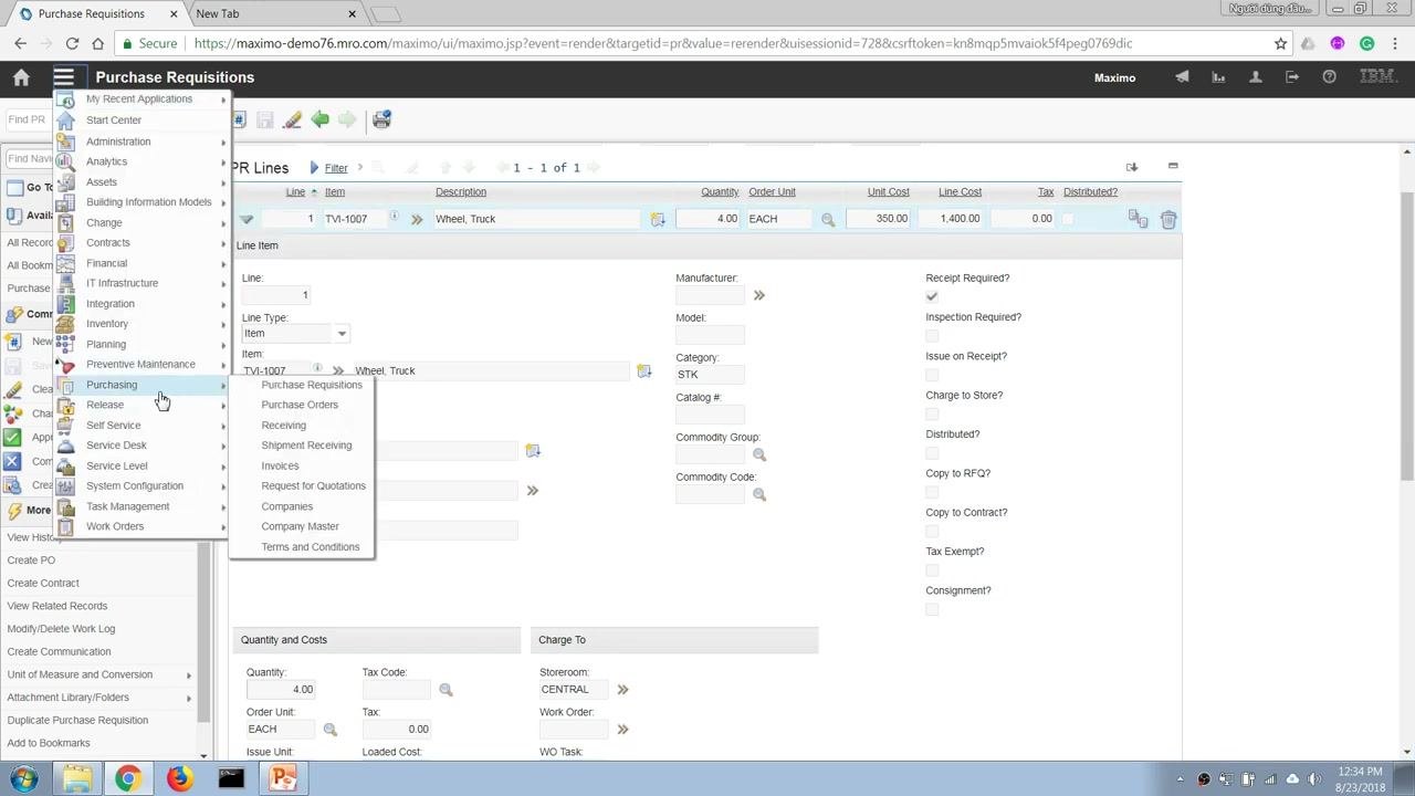 Navigation menu open, highlighting Purchasing > Purchase Orders.