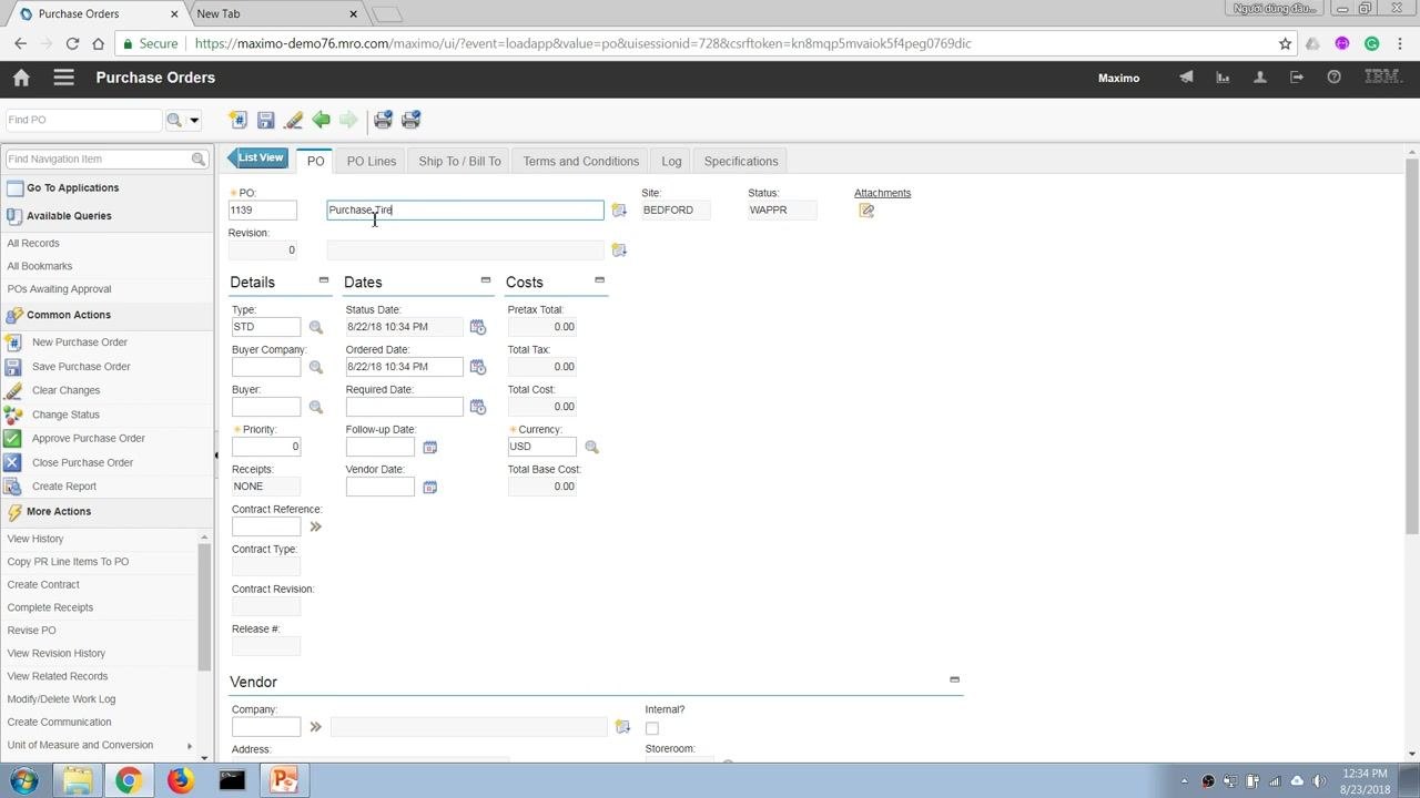 Purchase Orders screen with new PO 1139, description "Purchase_Tire", and status WAPPR.