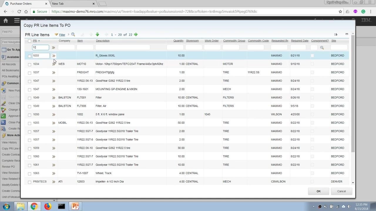 Purchase Orders screen with PO 1139, showing fields for delivery location, storeroom, and work order.