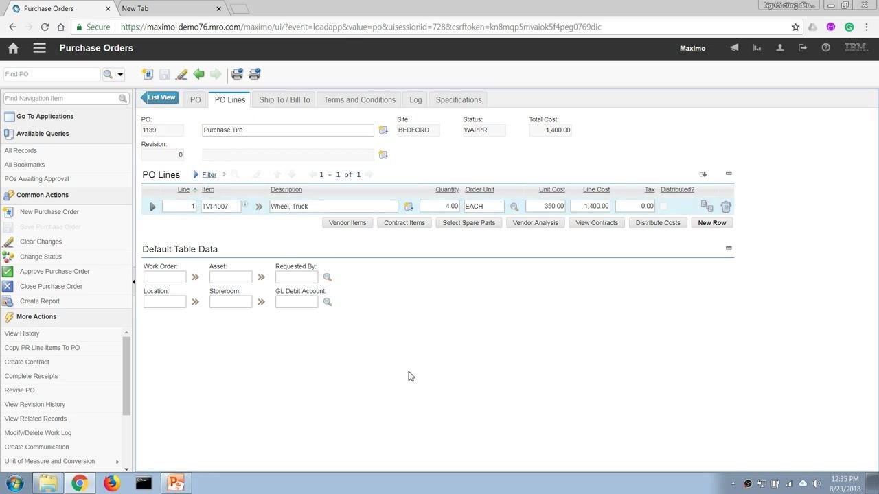 PO Lines tab with finalized item details for PO 1139, ready for further processing.