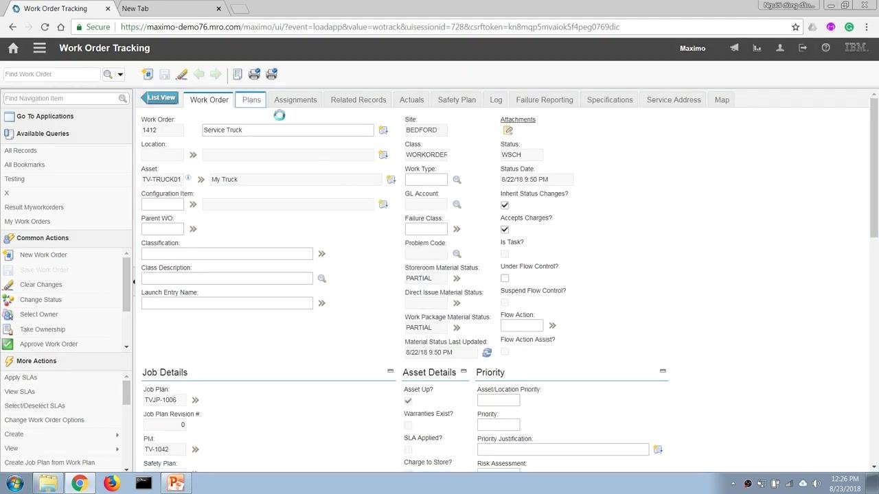 The cursor is about to select the Plans tab in the Work Order Tracking screen, with work order details visible.