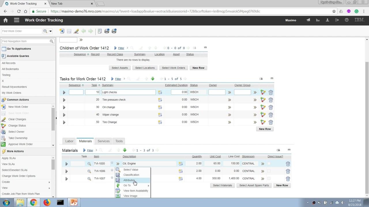 The Materials tab is open, showing a dropdown menu for Oil, Engine (TVI-1005) with the View Item Availability option highlighted.