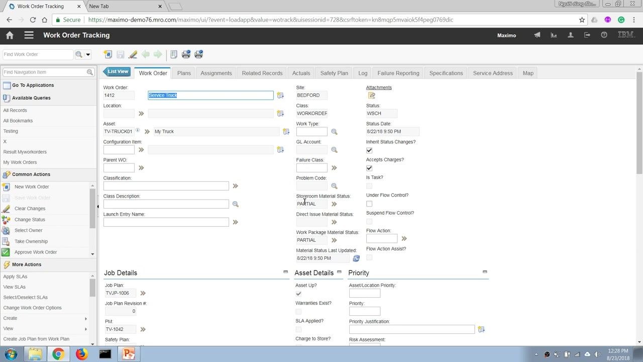 The Work Order Tracking screen with the Materials tab open, ready to retrieve the item number for procurement.