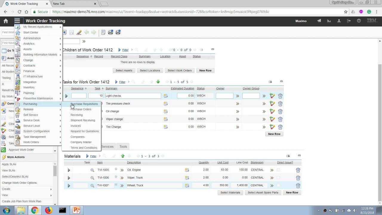 The Maximo Work Order Tracking screen with the Go To Applications menu open, Purchasing expanded, and Purchase Requisitions highlighted.