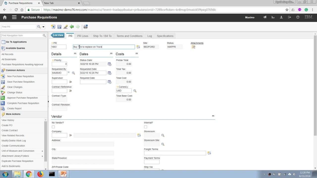 The Purchase Requisitions screen with the PR tab open, description entered as "Buy tire to replace on Truck1", and other details visible.