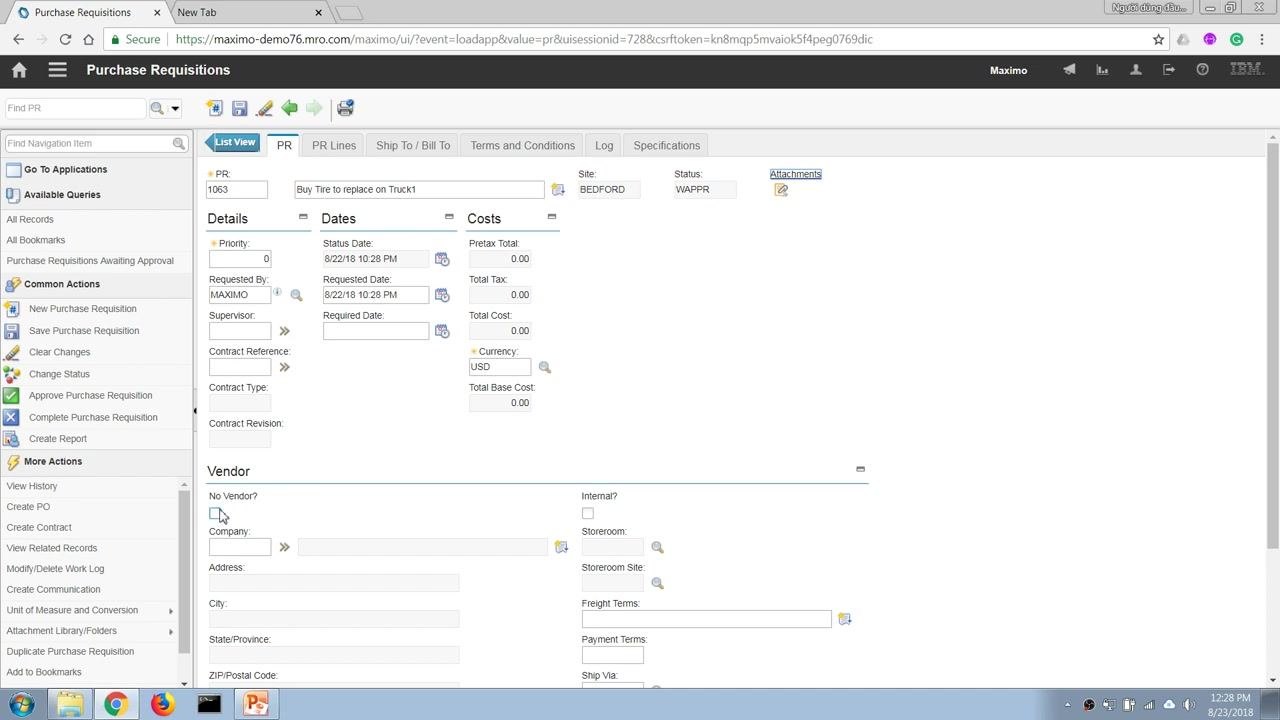 The Purchase Requisitions screen with No Vendor? checkbox selected and vendor fields left blank.