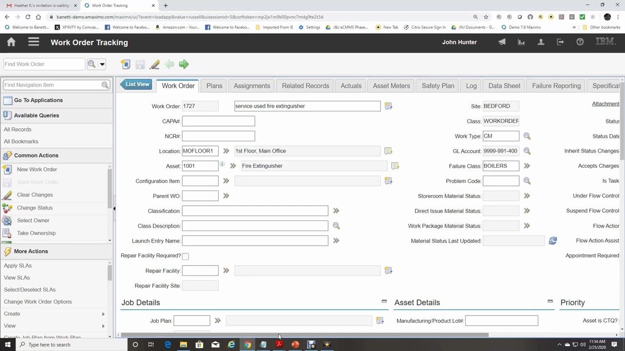 Work Order Tracking screen with cursor over the Job Plan Detail Menu button