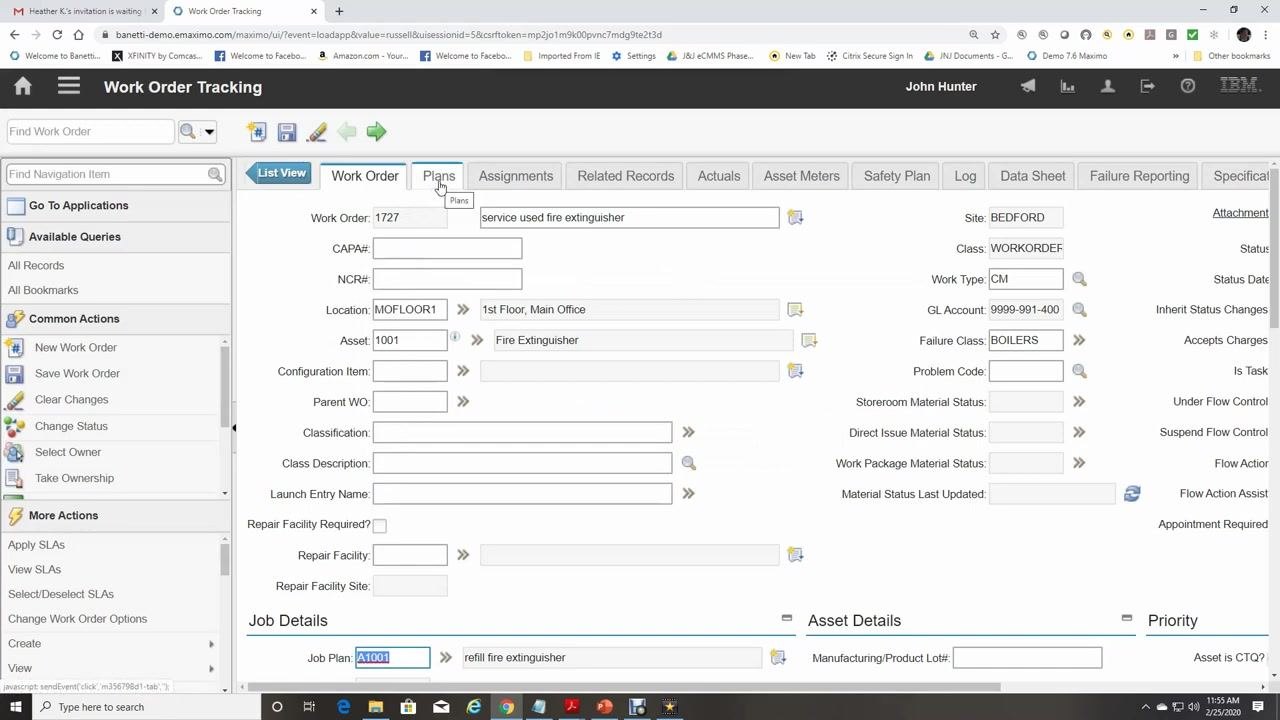 Cursor selecting the Plans tab in Work Order Tracking