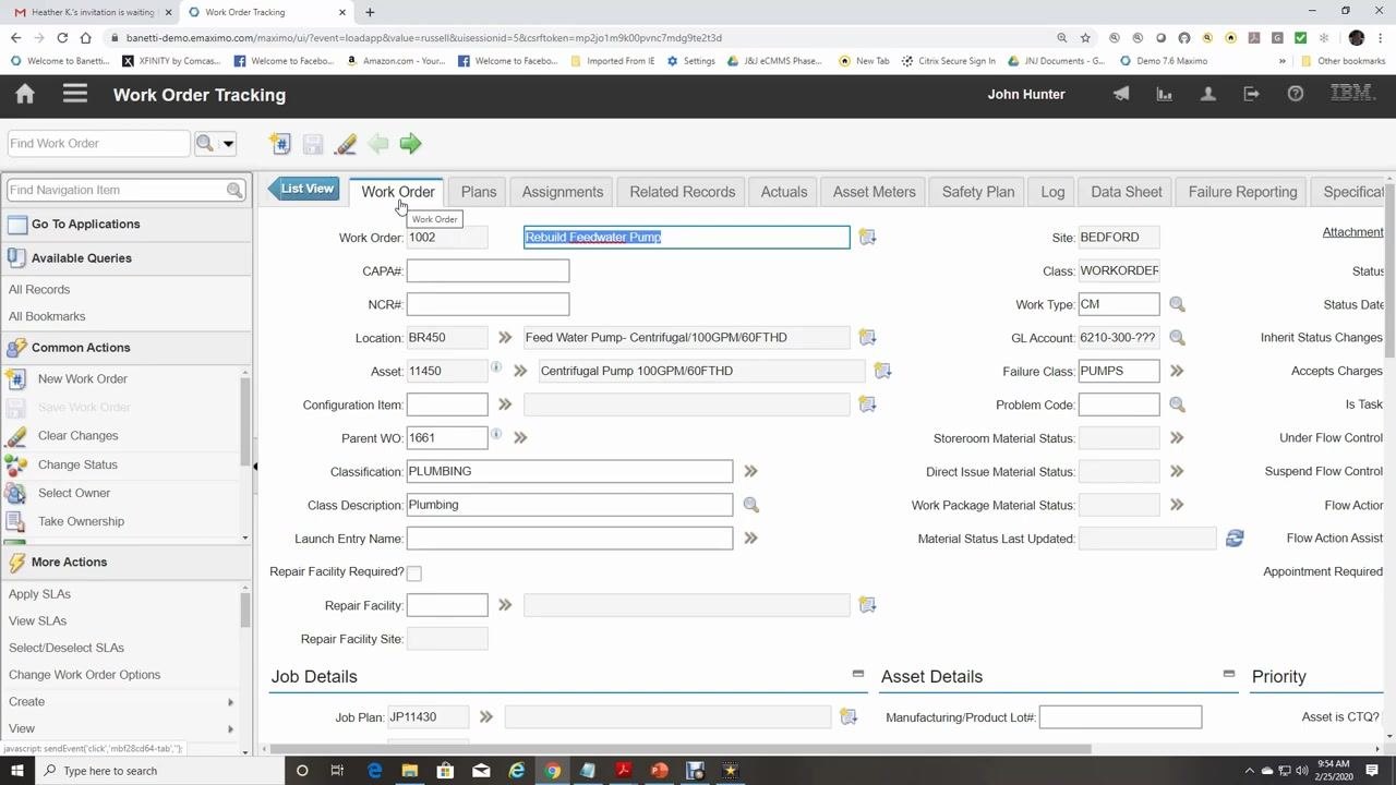 Assignments tab selected, showing labor assignments for a work order, including craft and skill level