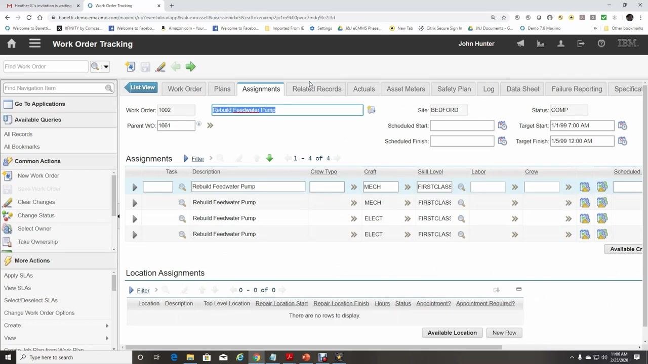 Actuals tab selected, showing tasks and options to enter labor, materials, services, and tools used