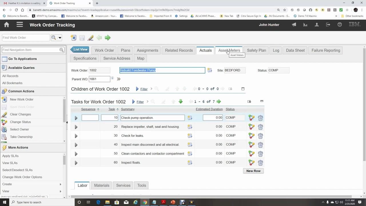 Actuals tab with Labor, Materials, Services, and Tools sub-tabs visible for entering actual data