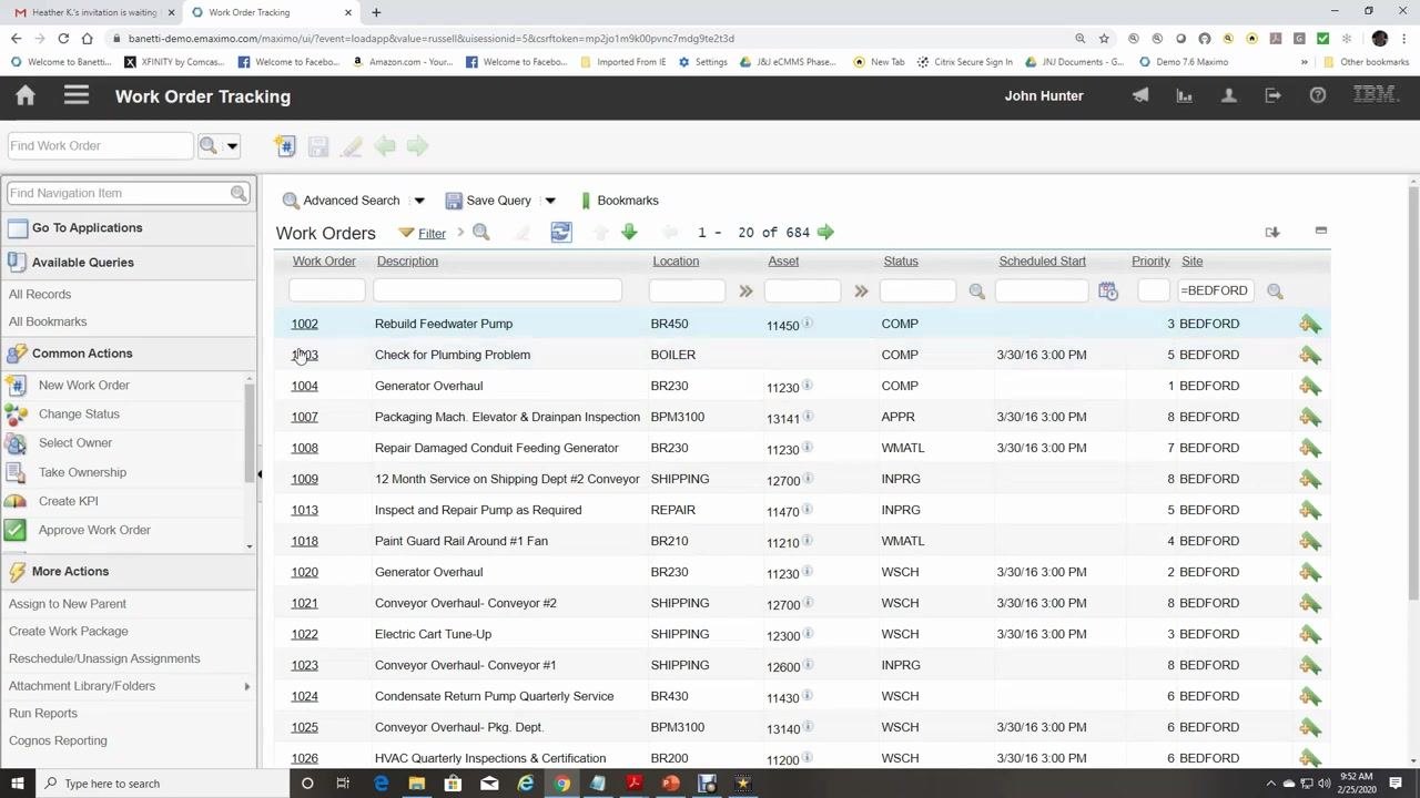 Sidebar navigation expanded to Work Orders, with Work Order Tracking highlighted