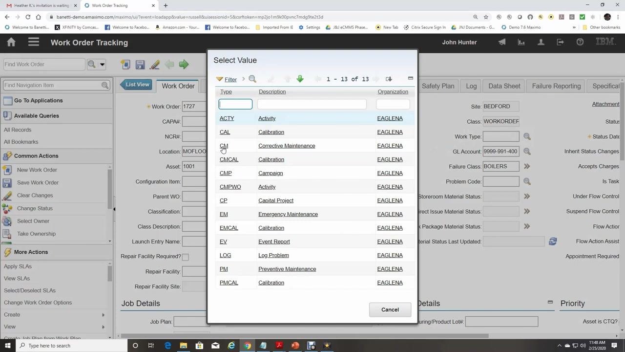 Select Value dialog for Work Type with Corrective Maintenance (CM) highlighted