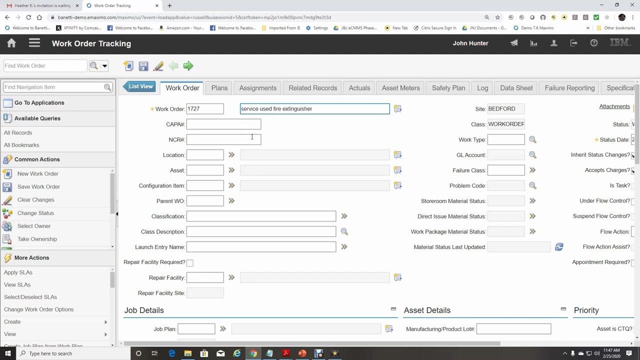 Work Order tab showing empty Location and Asset fields