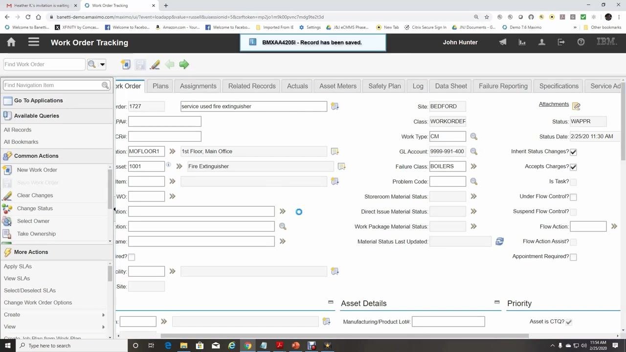 Work Order Tracking screen showing all required fields filled in for Work Order 1727