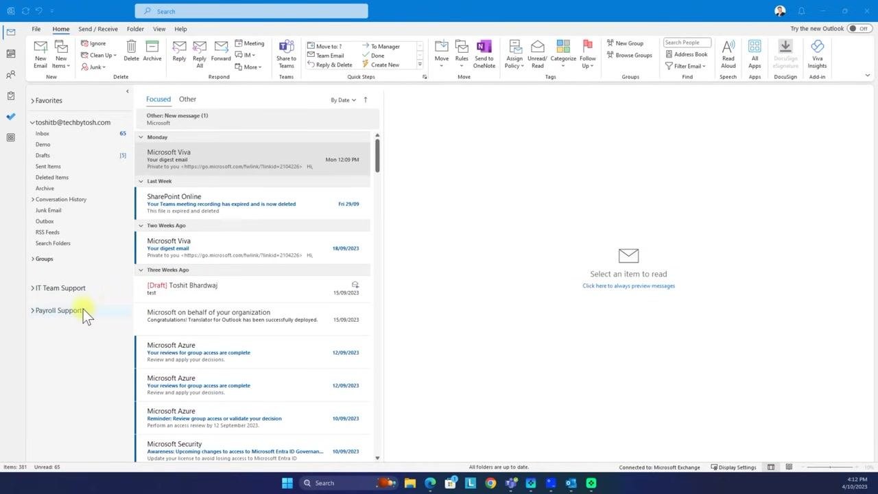 Outlook folder pane showing the IT Team Support and Payroll Support mailboxes under the main account