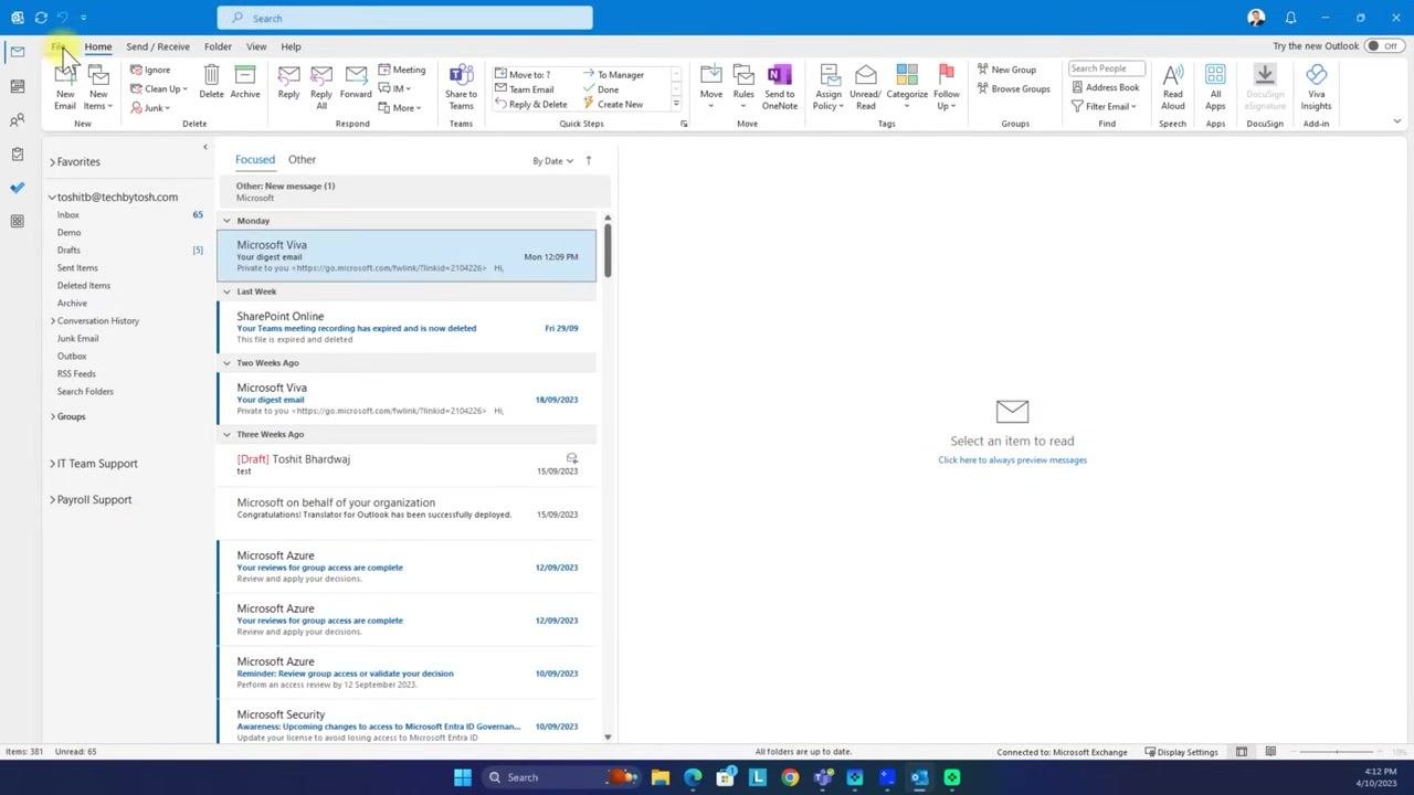 Outlook main window with the File tab highlighted