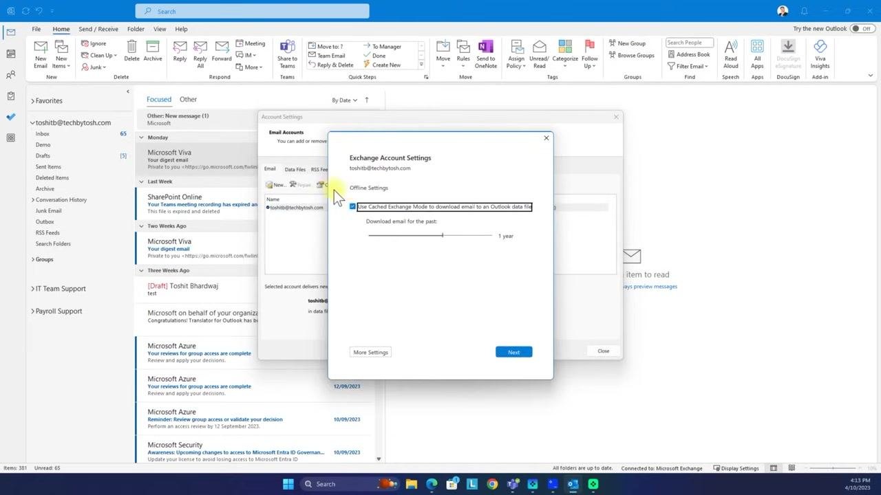 Account Settings dialog with the main email account selected