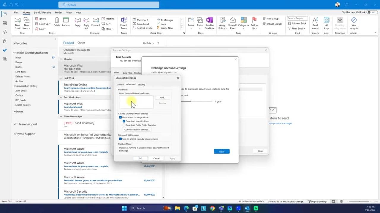 Microsoft Exchange window with the Add button highlighted under Open these additional mailboxes