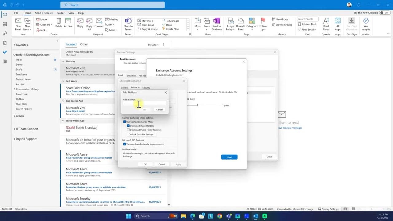 Add Mailbox dialog with the cursor in the Add mailbox field, ready to enter the shared mailbox email address