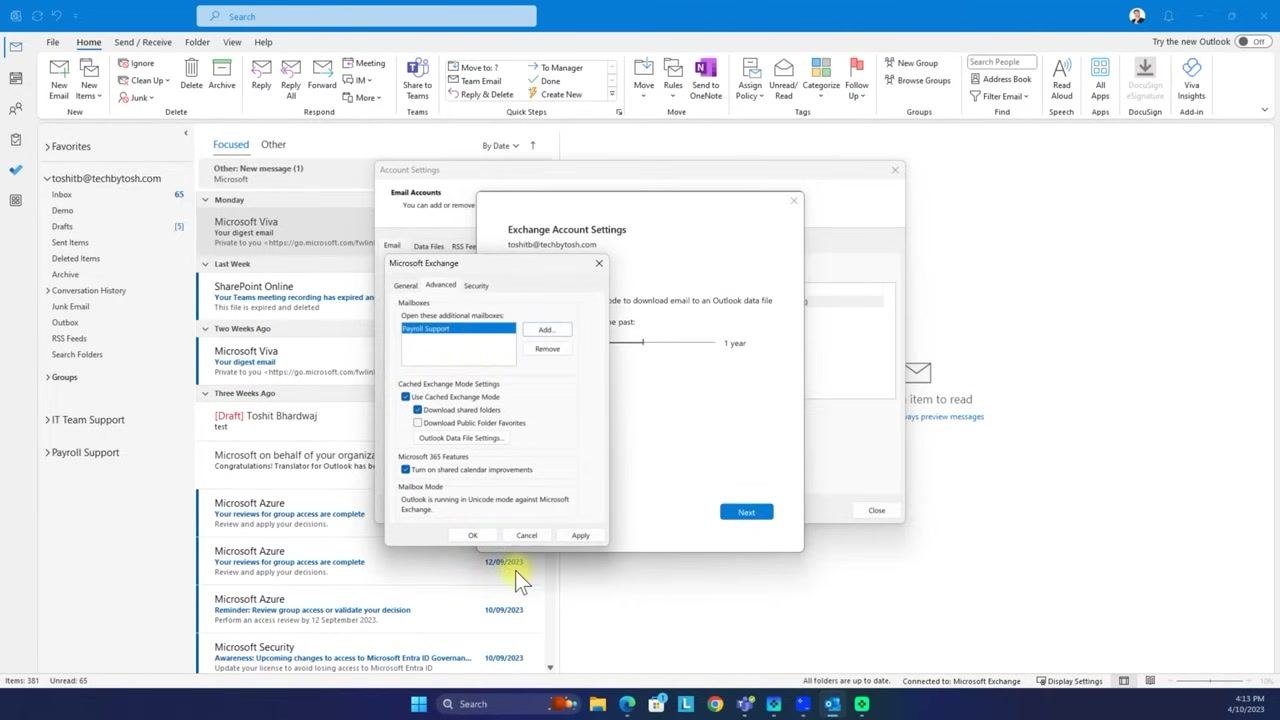 Microsoft Exchange window showing Payroll Support listed under additional mailboxes