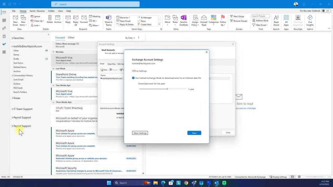 Exchange Account Settings window with the Next button highlighted, and Payroll Support visible in the folder pane