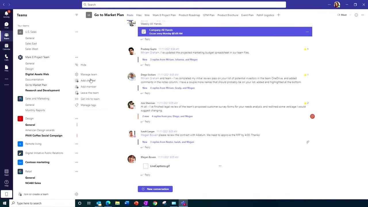 Microsoft Teams interface showing the context menu with "Add channel" highlighted for the selected team.