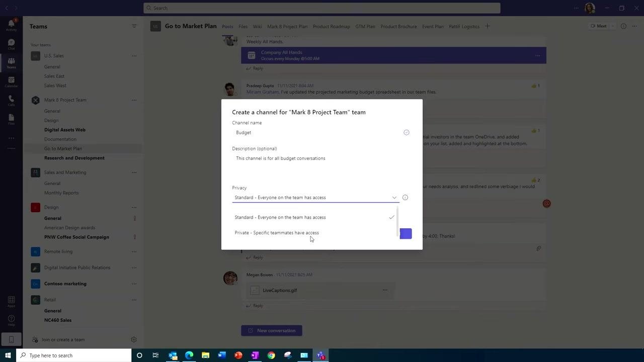 Dialog box for creating a new channel with the "Private – Specific teammates have access" option selected.