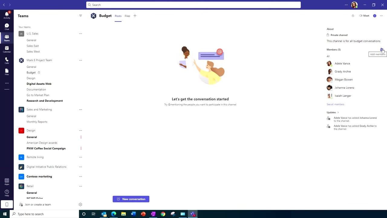 Microsoft Teams channel view showing the member list, the "Add members" button, and updates about member additions.