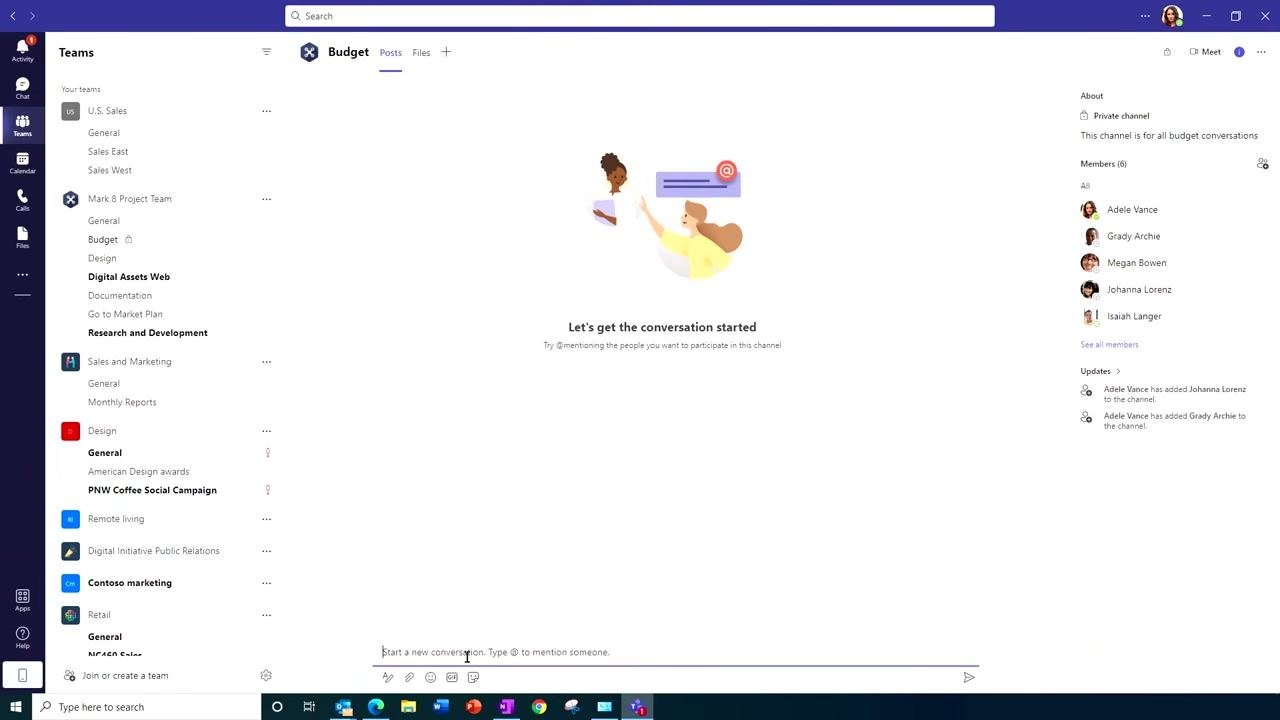 Microsoft Teams channel with the conversation input box active, ready to start a new conversation.