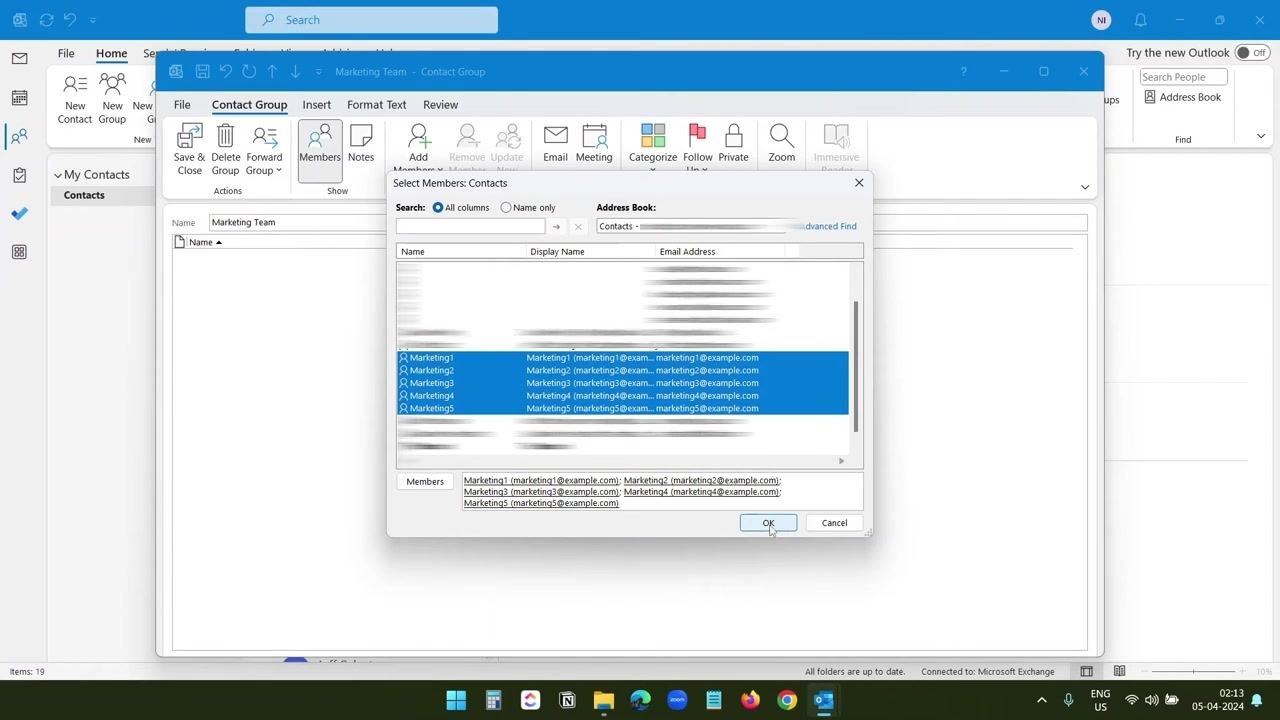 Select Members dialog with Marketing1 through Marketing5 selected, ready to be added to the group