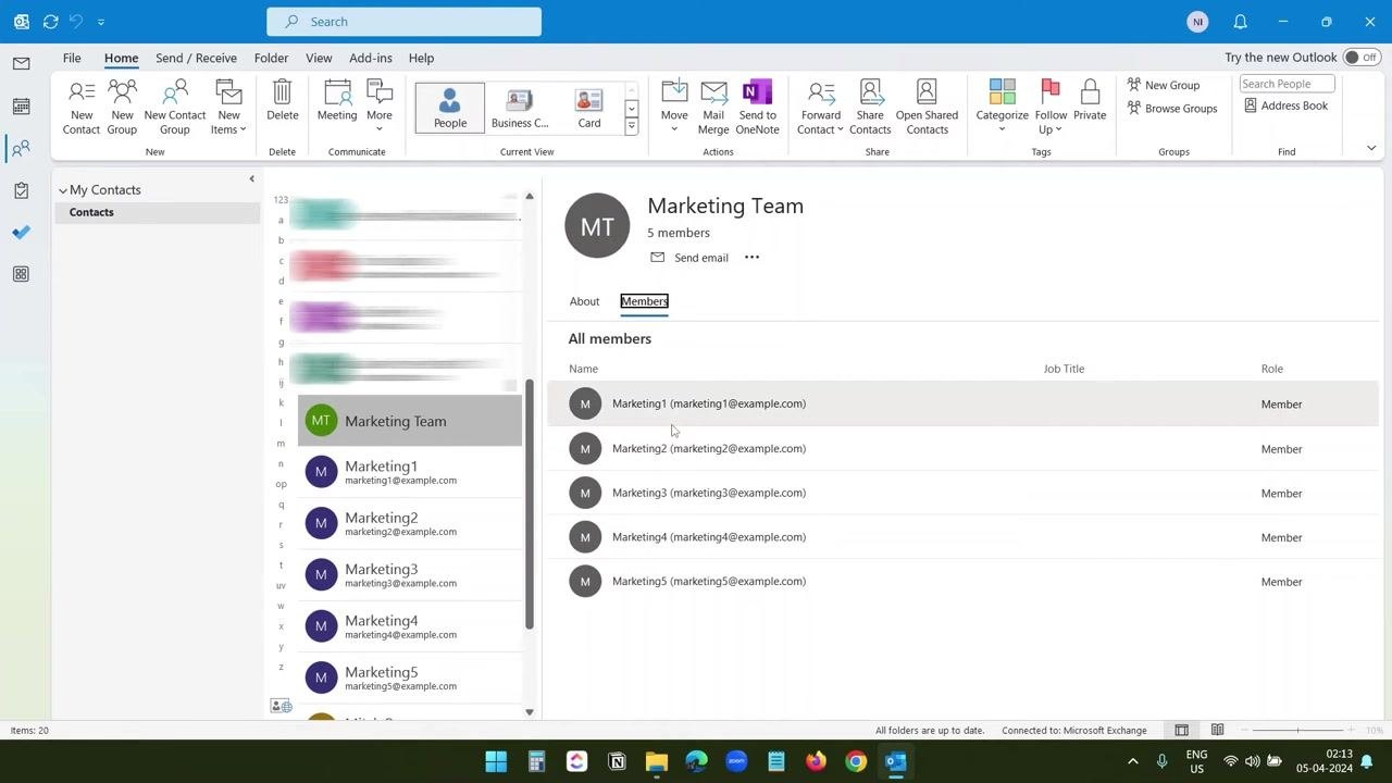 Outlook Contacts view with the Marketing Team group selected, showing group details and member summary