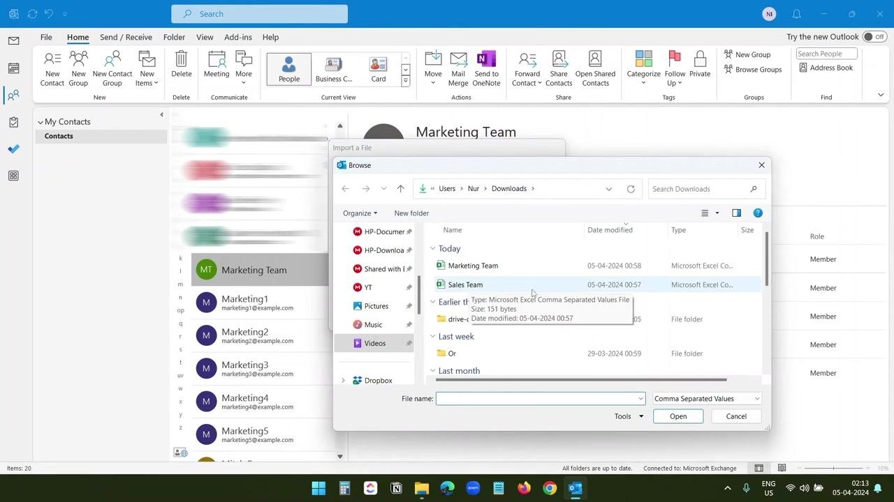Outlook file browser open to the Downloads folder with the Sales Team CSV file selected for import