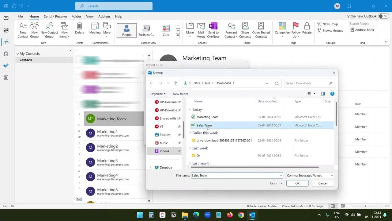 Outlook Import a File dialog open to the Downloads folder with the Sales Team CSV file selected and ready for import