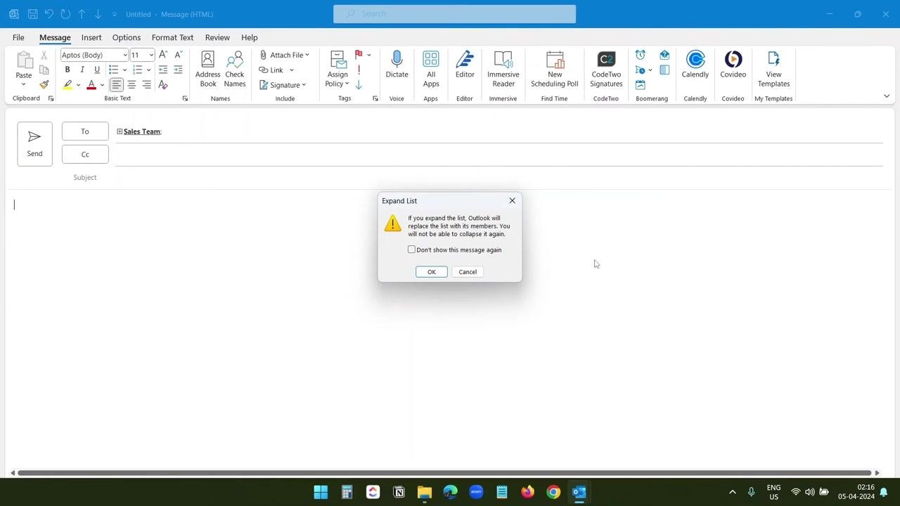 Outlook new email window showing the Expand List warning dialog