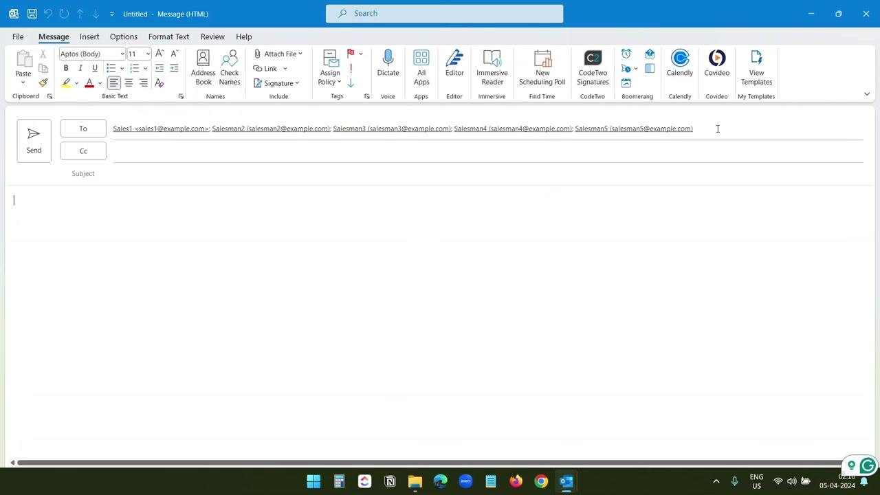 Outlook new email window showing individual email addresses in the To field after expanding the Sales Team group