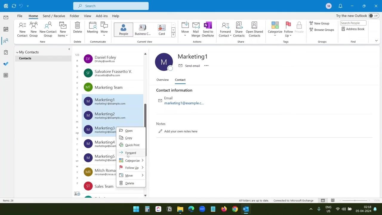 Outlook new email window with "marketing" typed in the To field, showing suggestions for Marketing Team and individual contacts
