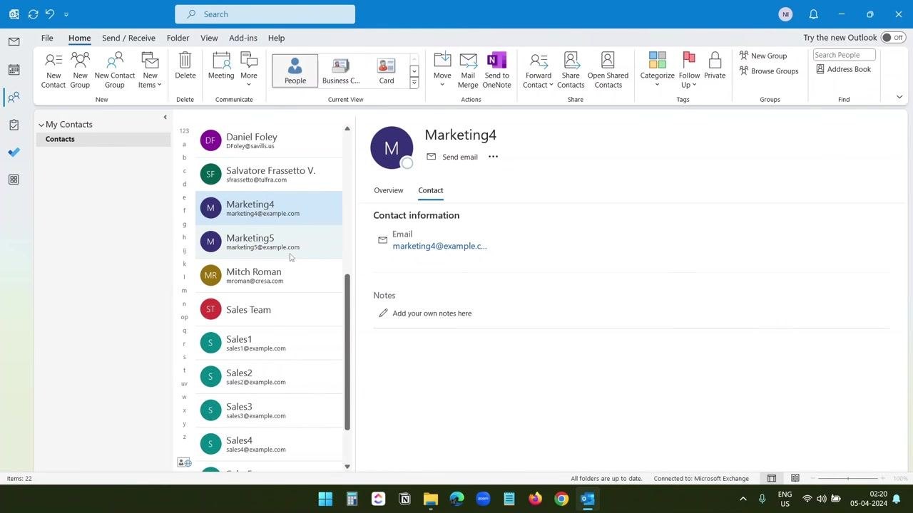 Outlook Contacts view with Marketing4 selected, showing contact details
