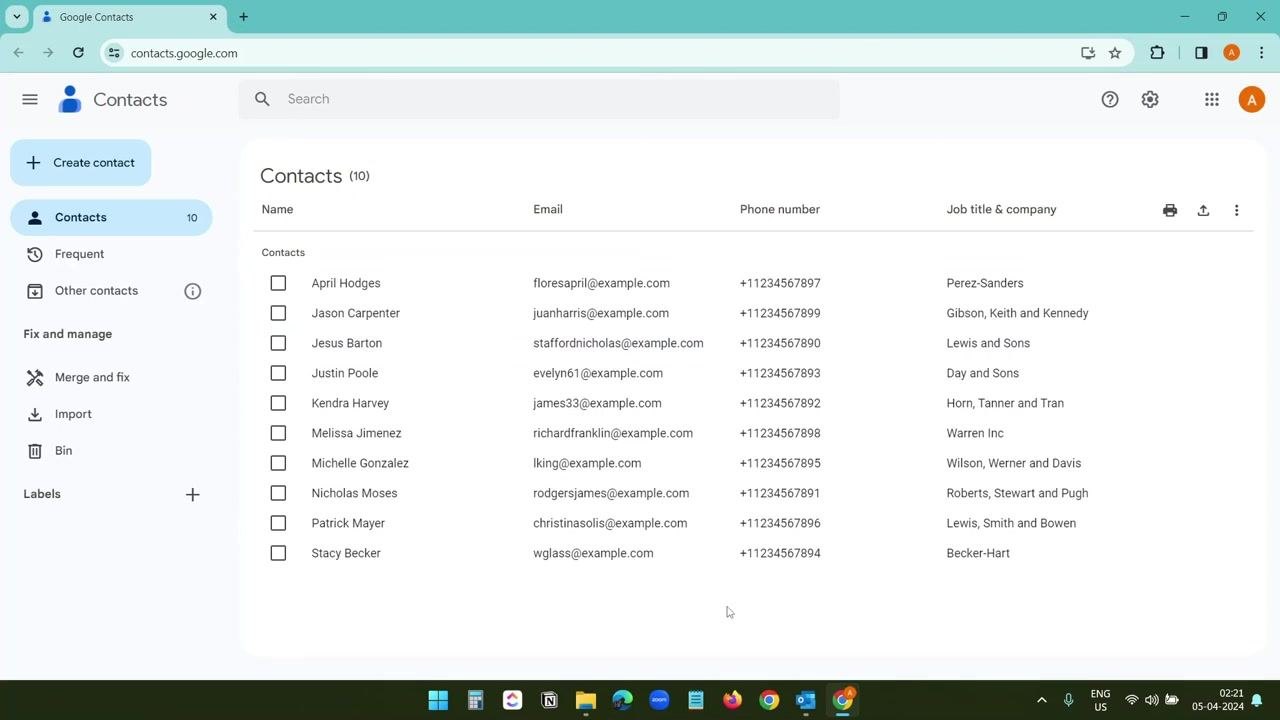 Google Contacts main page showing a list of contacts with columns for name, email, phone number, and job title & company