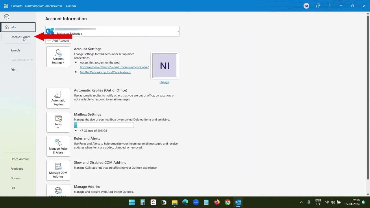 Outlook Account Information screen with Open & Export highlighted in the sidebar