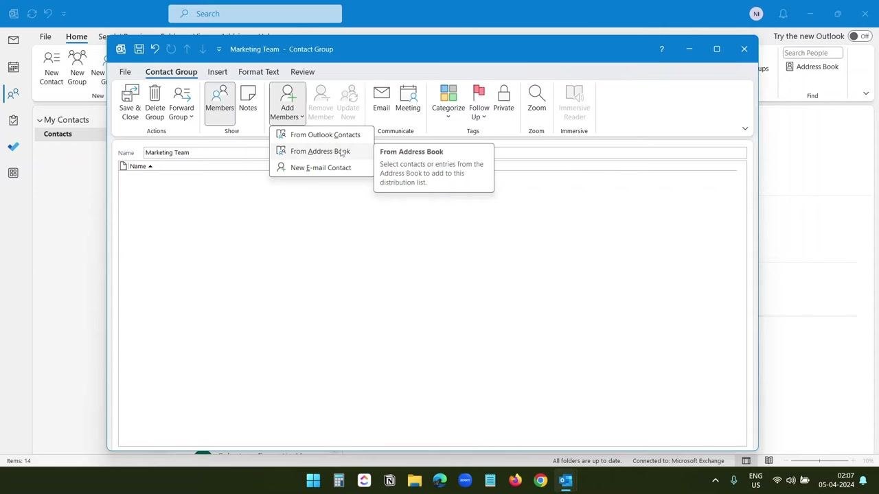 Tooltip under the Add Members dropdown explaining that "From Address Book" selects existing entries to add to the distribution list