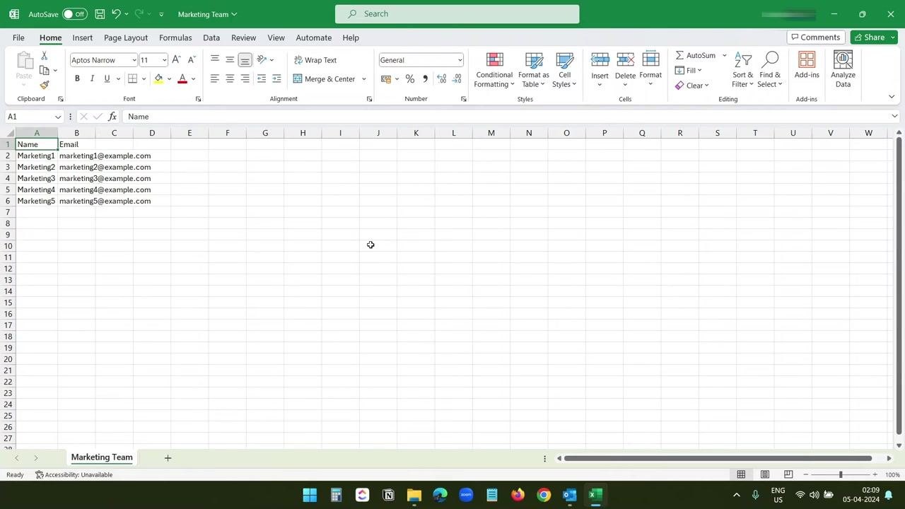 Excel spreadsheet titled "Marketing Team" with Name and Email columns and rows for Marketing1 through Marketing5