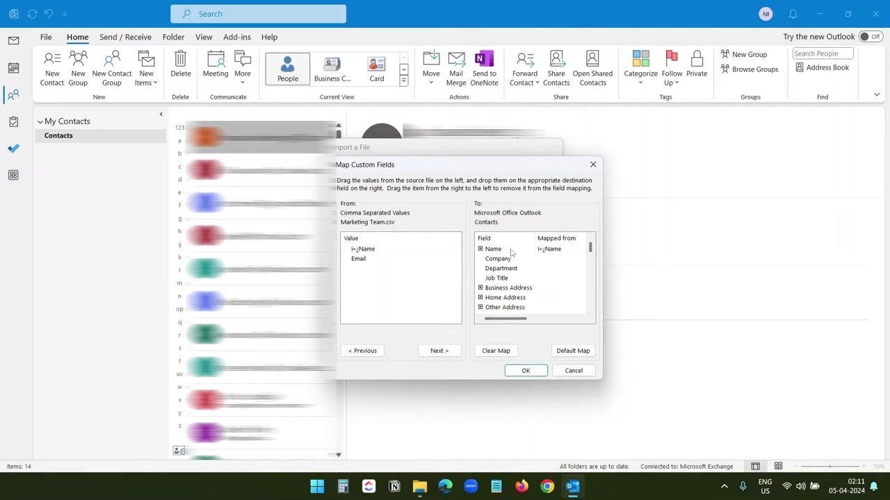 Outlook file browser open to the Downloads folder with the Marketing Team CSV file selected