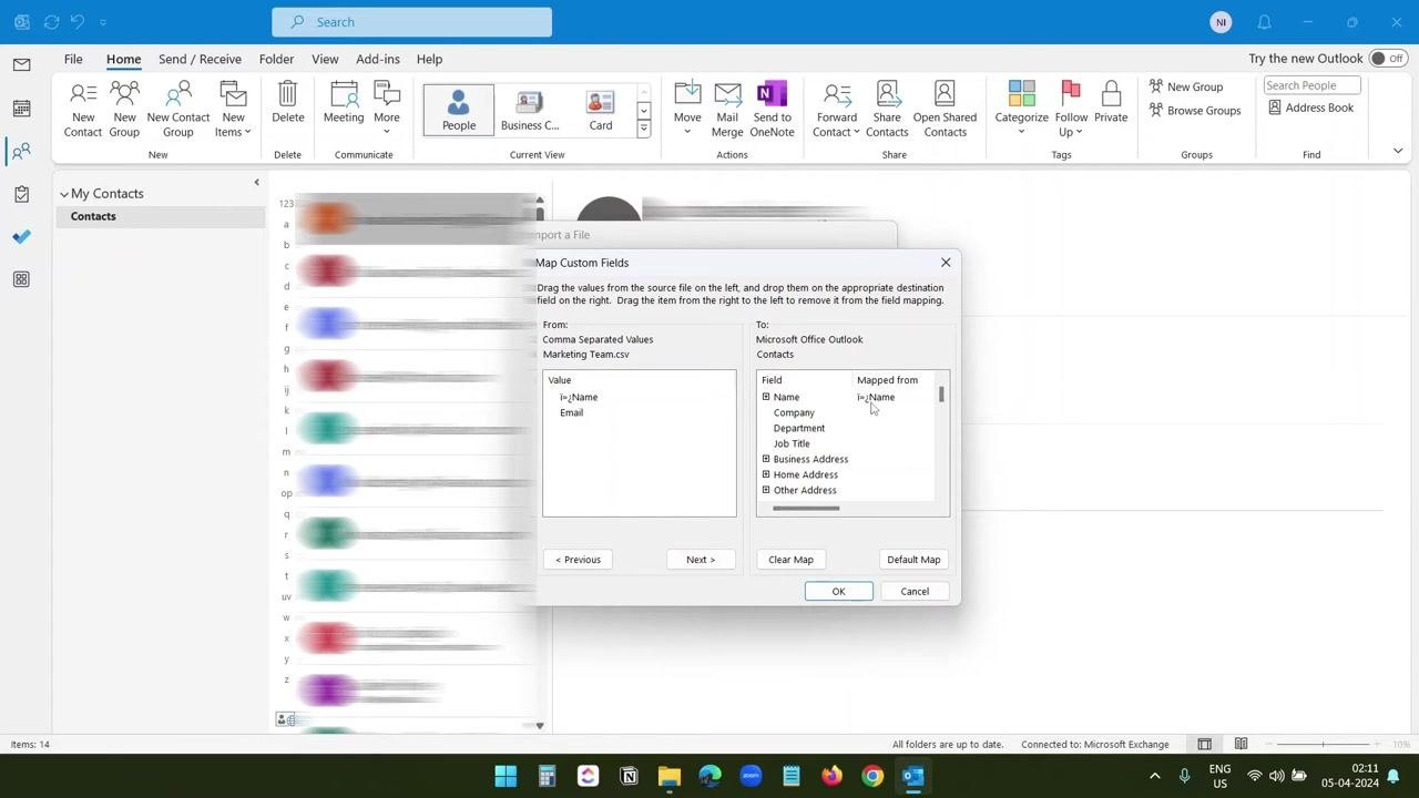Outlook Map Custom Fields dialog with Name mapped from CSV to Outlook and additional fields available for mapping
