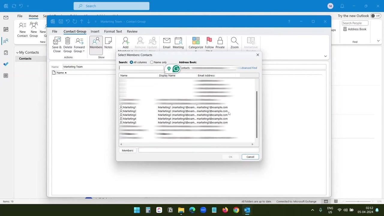 Contact Group creation window with the Add Members dropdown open and From Outlook Contacts highlighted